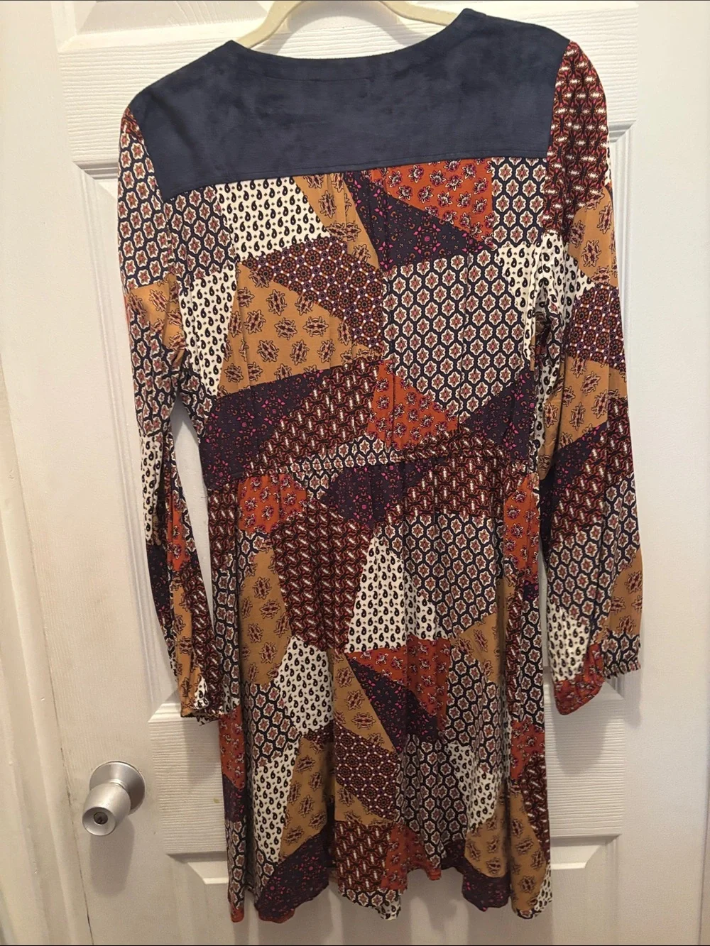 Skies Are Blue Patchwork Lace-Up V-Neck Long Sleeve Dress - Rust, Mustard & Navy